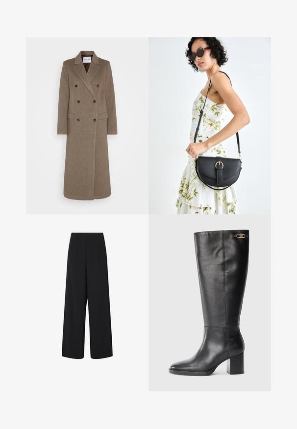 Doppelreiher brauner Wollmantel mit schmalen Revers, zwei vorderen Taschen und kontrastierenden braunen Knöpfen. Die Länge reicht bis zur Mitte der Waden.; Schwarzes, schulterfreies Oberteil mit langen Ärmeln, das ein drapiertes Design und eine glatte Textur für eine figurbetonte Silhouette aufweist.; Schwarze, weite, knöchellange Hosen mit hohem Bund und seitlichen Taschen, die subtile vertikale Nahtdetails aufweisen.; Schwarze Lederstiefel in Kniehöhe mit einem Blockabsatz, spitzem Schuh und goldenen Hardware-Akzenten near der Oberseite. Glatte Textur mit minimaler Naht.; Schwarze Lederhandtasche mit geschwungener Form, abnehmbarem Tragegurt und goldenen Beschlägen. Die Tasche verfügt über einen Deckel mit einer Schnallen-Details.