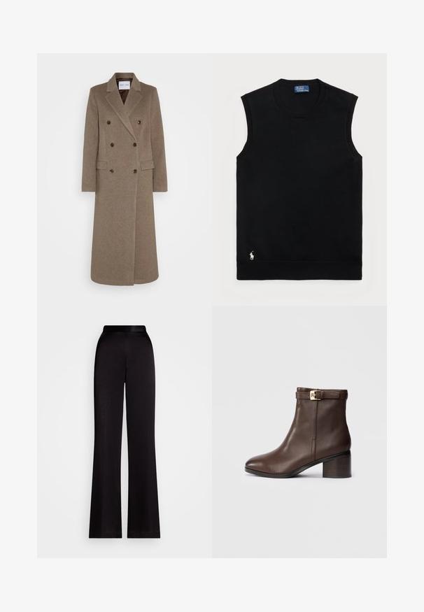 Divkāršs brūns vilnas mētelis ar iegrieztiem atlokiem, divām priekšējām kabatām un kontrastējošām brūnām pogām. Garums sasniedz pusloku.; Melna bez piedurknēm kokvilnas džemperis ar apaļu kakla izgriezumu. Iezīmes neliels balts logo apakšējā kreisajā stūrī un ribota apdare.; Melnas platās bikses, izgatavotas no gludas auduma, ar augstu jostu un pilnībā garu dizainu. Nav redzamu rakstu vai akcentu.; Kasta ādas potītes zābaks ar noapaļotu purngali, zemu kvadrātveida papēdi un dekoratīvu sprādzi ap potīti. Gluda tekstūra un elegants dizains.