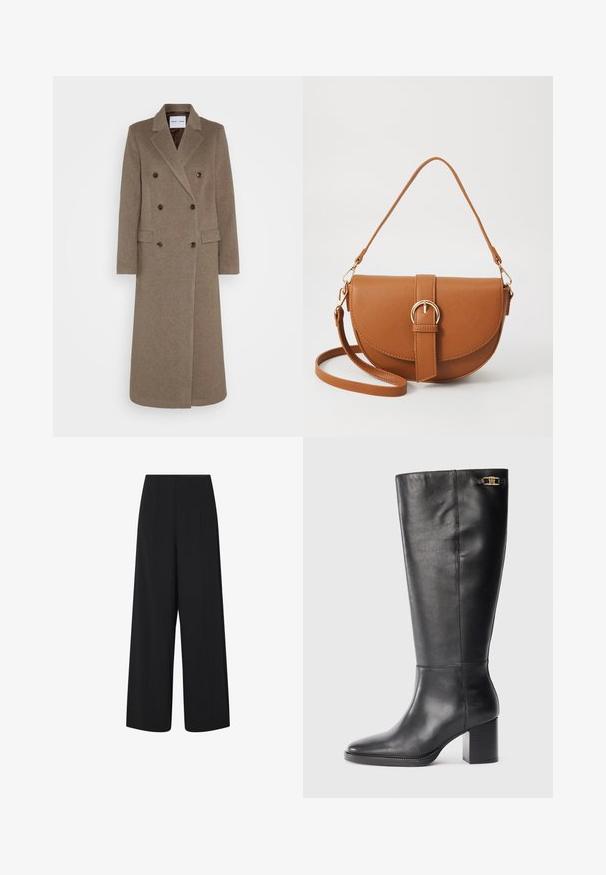 Doppelreiher brauner Wollmantel mit schmalen Revers, zwei vorderen Taschen und kontrastierenden braunen Knöpfen. Die Länge reicht bis zur Mitte der Waden.; Schwarzes Baumwoll-T-Shirt mit kurzen Ärmeln, Rundhalsausschnitt und lässiger Passform. Glatte Textur, keine sichtbaren Muster oder Grafiken.; Schwarze, weite, knöchellange Hosen mit hohem Bund und seitlichen Taschen, die subtile vertikale Nahtdetails aufweisen.; Schwarze Lederstiefel in Kniehöhe mit einem Blockabsatz, spitzem Schuh und goldenen Hardware-Akzenten near der Oberseite. Glatte Textur mit minimaler Naht.; Braune Leder-Crossbody-Tasche mit geschwungener Form, goldfarbenen Beschlägen und einer Schnallenakzentuierung. Verfügt über einen abnehmbaren Schultergurt.