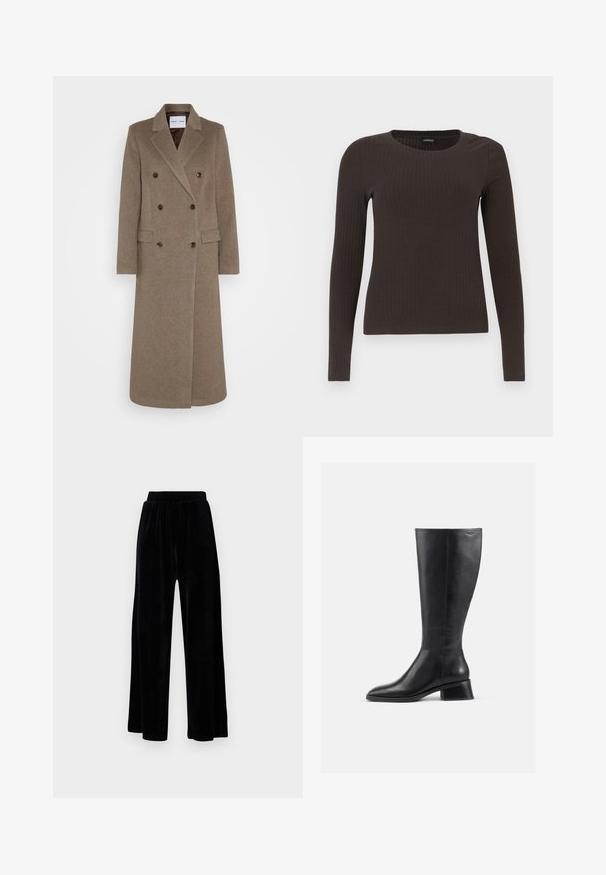 Dvigubos rudos vilnos švarko su įpjovomis apykaklėmis, dviem priekinėm kišenėm ir kontrastingais rudais mygtukais. Ilgis siekia vidurinę blauzdą.; Rudas, su ilgomis rankovėmis, grioveliais dekoruotas viršus su apvaliu iškirpimu. Pagamintas iš lygaus, elastingo audinio, su prigludusia siluetu ir minimaliais akcentais.; Juoda plataus kirpimo kelnių pora, pagaminta iš minkštos velveto medžiagos, su elastingu juosmeniu ir glotnia tekstūra, be matomų detalių ar raštų.; Juodų odinių batų iki kelių su apvalia nosimi ir žemu, kvadratiniu kulnu. Pasižymi lygia tekstūra ir minimaliais siuvinėjimo akcentais.