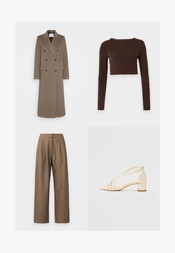 Dvigubos rudos vilnos švarko su įpjovomis apykaklėmis, dviem priekinėm kišenėm ir kontrastingais rudais mygtukais. Ilgis siekia vidurinę blauzdą.; Rudas ilgomis rankovėmis trumpas viršus, pagamintas iš lygios medžiagos, turi apvalų kaklą ir priglundantį dizainą. Jokios matomos raštų ar akcentų.; Rudi pločio kojų kelnės, pagamintos iš tekstūruoto audinio, su aukštu liemeniu, klostėmis ir tiesiu kirpimu, su švariais kraštais.; Bežiniai aukštakulniai sandalai su bloko kulnu, juostelių dizainu ir reguliuojama kulkšnies juostele, pagaminti iš lygaus sintetinės medžiagos su matinio paviršiaus apdaila.