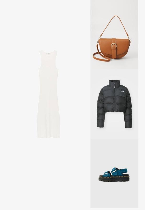 Jachetă puf albastră, scurtă, cu guler înalt și fermoar frontal. Prezentă panouri cu matlasare orizontală și un logo mic pe piept.; Rochie albă, fără mâneci, din tricot cu model în relief, cu o siluetă ajustată, care ajunge sub genunchi. Design simplu și minimalist, fără modele sau accesorii.; Sandale din suede albastru cu două curele ajustabile și accesorii din argint, având o talpă platformă groasă de culoare neagră cu accente de cusătură galbenă.; Geantă din piele maro, tip crossbody, cu o formă curbată, accesorii aurii și un accent cu cataramă. Dispune de un curea de umăr detașabilă.