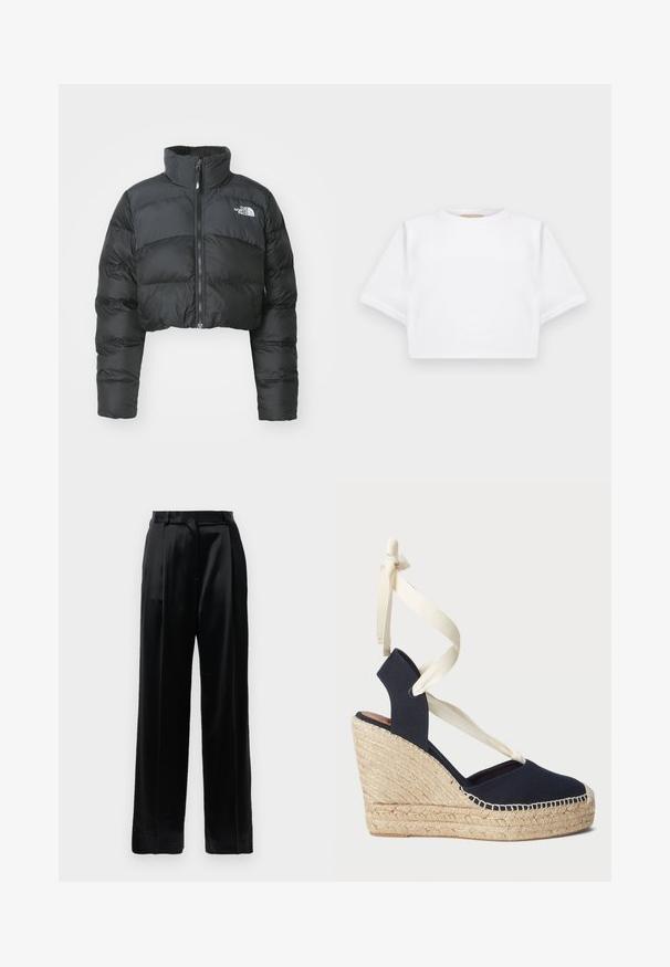 Giacca a vento nera accorciata con colletto alto e zip frontale. Presenta pannelli orizzontali trapuntati e un piccolo logo sul petto.; T-shirt bianca cropped realizzata in tessuto morbido, con maniche corte, scollo rotondo e dettagli a costine sull'orlo. Design semplice e senza fronzoli.; Pantaloni in satin neri a vita alta con gambe larghe dritte, passanti per cintura e chiusura frontale piatta su uno sfondo bianco semplice.; Sandalo a cuneo in tela blu navy con suola in corda di espadrillas e fiocchi crema alla caviglia. Design con tacco chiuso e punta rotonda.