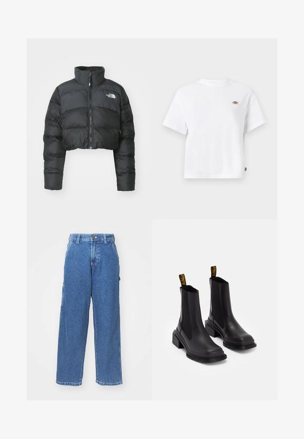 Afklippet sort pufferjakke med høj krave og frontlynlås. Har vandrette quiltede paneler og et lille logo på brystet.; Hvid bomulds t-shirt med en afslappet pasform, der har et lille logo-patch på brystet og et mærke på siden for ekstra detaljer.; Blå denim wide-leg bukser med høj talje, knaplukning og sidelommer. Bleget vask med en blød tekstur og lige snit.; Sorte ankelstøvler lavet af glat læder med elastiske sidepaneler, en kvadratisk tå og en kraftig hæl. Udstyret med gule mærkeforankringssløjfer.