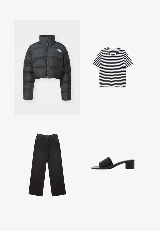 Giacca a vento nera accorciata con colletto alto e zip frontale. Presenta pannelli orizzontali trapuntati e un piccolo logo sul petto.; T-shirt a righe in cotone con strisce orizzontali blu e bianche, dotata di scollatura rotonda e maniche corte. Texture liscia.; Jeans neri a gamba larga realizzati in denim, caratterizzati da piccoli motivi a pois, design classico a cinque tasche e chiusura con bottone e zip.; Sandal in pelle nera open-toe con una fascia ampia e un tacco a blocco solido. Caratterizzato da una texture liscia e un design minimale.