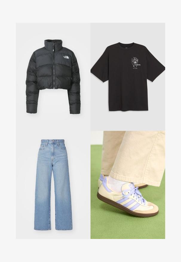 Afklippet sort pufferjakke med høj krave og frontlynlås. Har vandrette quiltede paneler og et lille logo på brystet.; Sort bomulds t-shirt med korte ærmer, der har en håndgrafik og teksten "Levi's LA LUNE" i hvid på venstre brystområde.; Lyseblå højtaljede bukser med bred benåbning, med frontknap og lynlås, samt for- og baglommer, på en hvid baggrund.; Creme og lavendel sneakers med tre striber og en tekstureret brun sål, der har snørebånd og en polstret hæl. Blødt stof øvre.