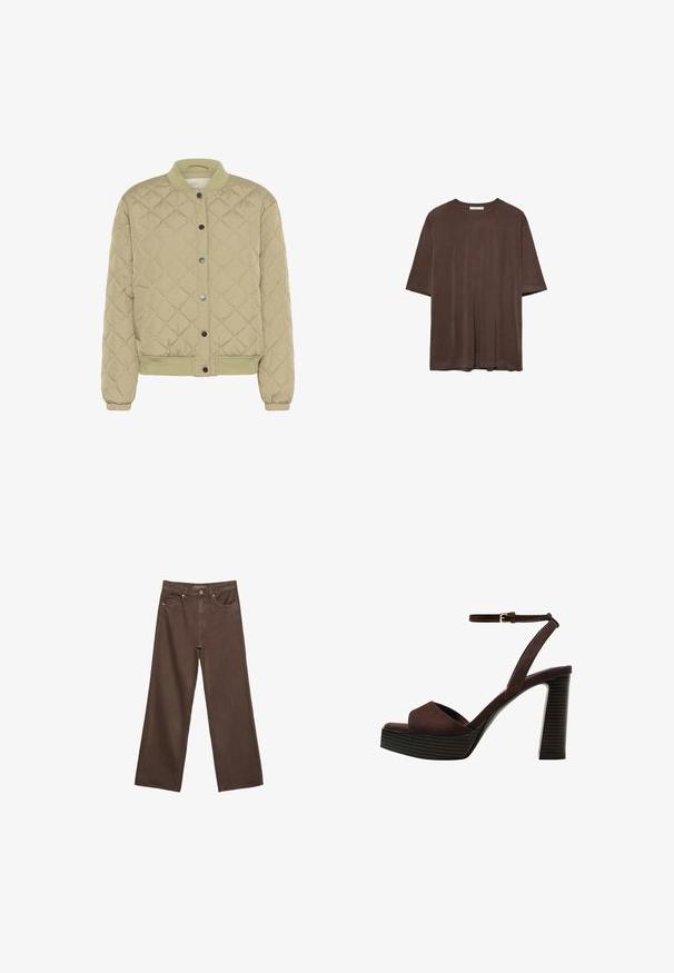 Ispod zelenog bomber jakne s prošivenim uzorkom, ima rebrasti ovratnik, kopčanje na dugmad i elastične manžete. Opremljena je teksturiranim dijamantnim uzorkom i bočnim džepovima.; Smeđa majica kratkih rukava od mekog materijala, s okruglim izrezom i opuštenim krojem. Glatka tekstura bez uzoraka ili ukrasa.; Proširene smeđe traperice od denima, s visokim strukom, prednjim džepovima i klasičnom kopčom na dugme. Glatka tekstura s suptilnim šavovima.; Smeđe zamšaste sandale s visokim potpeticama, otvorenim prstima, podesivom trakicom oko gležnja i prugastom platformom.