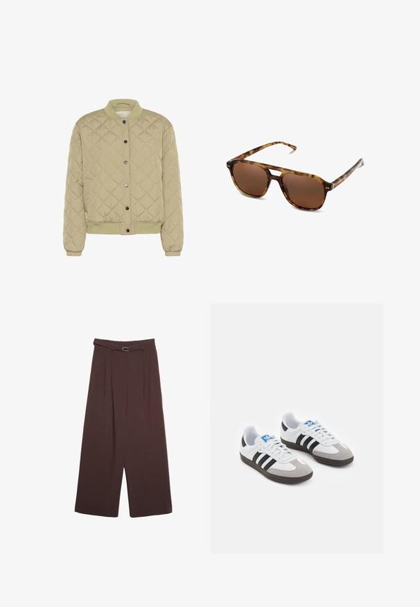 Pikowana bomberka w oliwkowym kolorze z prążkowanym kołnierzem, zatrzaskami i elastycznymi mankietami. Posiada teksturowany wzór w romby oraz, kieszenie po bokach.; Biała koszulka z krótkim rękawem, wykonana z bawełny. Posiada okrągły dekolt i luźny krój. Gładka faktura bez widocznych wzorów czy akcentów.; Stradivarius - Spodnie materiałowe; Buty sportowe z białą skórzaną cholewką, szarym zamszowym noskiem i trzema czarnymi paskami. Posiadają niebieskie logo na języku oraz teksturowaną gumową podeszwę.; Okulary przeciwsłoneczne w desenie żółwia z brązowymi soczewkami, prostokątnym kształtem i cienkimi zausznikami. Charakteryzują się subtelnymi metalicznymi akcentami na oprawie.