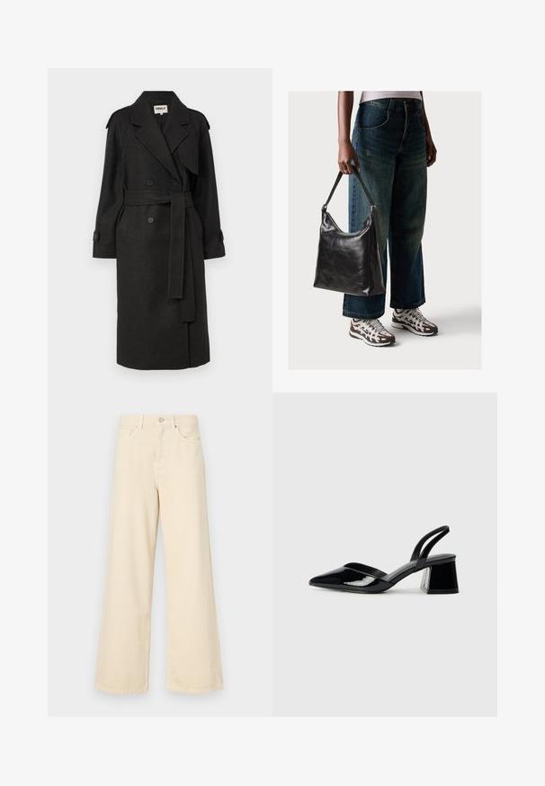 ONLY ONLDEAR TRILLION BELT - Abrigo clásico - dark grey; Suéter negro corto con cuello alto acanalado y puños, que presenta una textura suave y un corte relajado. Diseño simple y minimalista.; Jeans de pierna ancha beige fabricados en algodón. Cuentan con un cierre de botón, presillas para cinturón y bolsillos frontales con una textura suave y lisa.; Zapatos de tacón slingback de charol negro con punta afilada y tacón geométrico en bloque. Presentan un diseño elegante y minimalista, así como una textura suave.; Bolso de hombro de cuero negro con una textura suave y correa ajustable, combinado con jeans de pierna ancha desgatados y zapatillas deportivas.