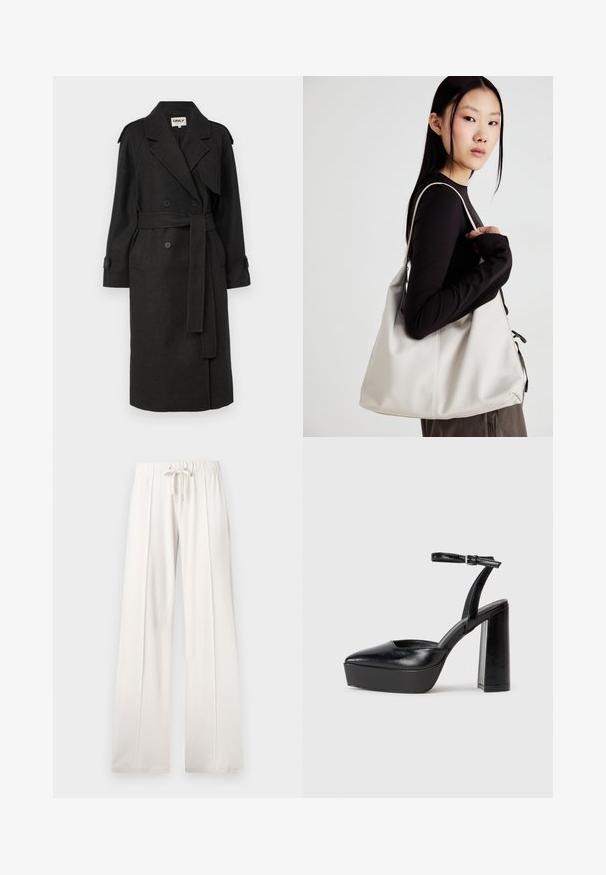 ONLY ONLDEAR TRILLION BELT - Klassikaline mantel - dark grey; Lühike valge T-särk, mis on valmistatud puuvillast, lühikeste varrukatega, ümmarguse kaelusega ja sirge lõikega, omades sileda tekstuuri ja minimaalset disaini.; Heledad beežid püksid, mis on valmistatud pehmest kangast, millel on paelaga vöökoht, laiad sääred ja vertikaalsed õmblused, lisaks sujuv tekstuur.; Mustad platvormi kontsad terava ninaga ja reguleeritava pahkluuraamiga. Valmistatud siledast nahast, funktsioneerib massiivse plokknäheeliga.; Bež käekott pehme materjali, millel on lõtv disain, õmblustega detailid ja kaks õlarihma. Sobib igapäevaseks kasutamiseks.