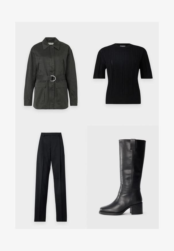 Mörkgrön utilityjacka i en blandning av bomull, med spetsig krage, framfickor, ett bälte med en silverfärgad cirkulär spänne och en avslappnad passform.; Filippa K BRAID - Stickad tröja - black; Svarta byxor i mjukt tyg med hög midja, vida ben, framfickor och klassiska bältesöglor. Inga sidofickor synliga.; Svart läder knähöga stövlar med slät yta, fyrkantig tå, blockklack och sidodragflik, som har minimala sömnadsdetaljer.