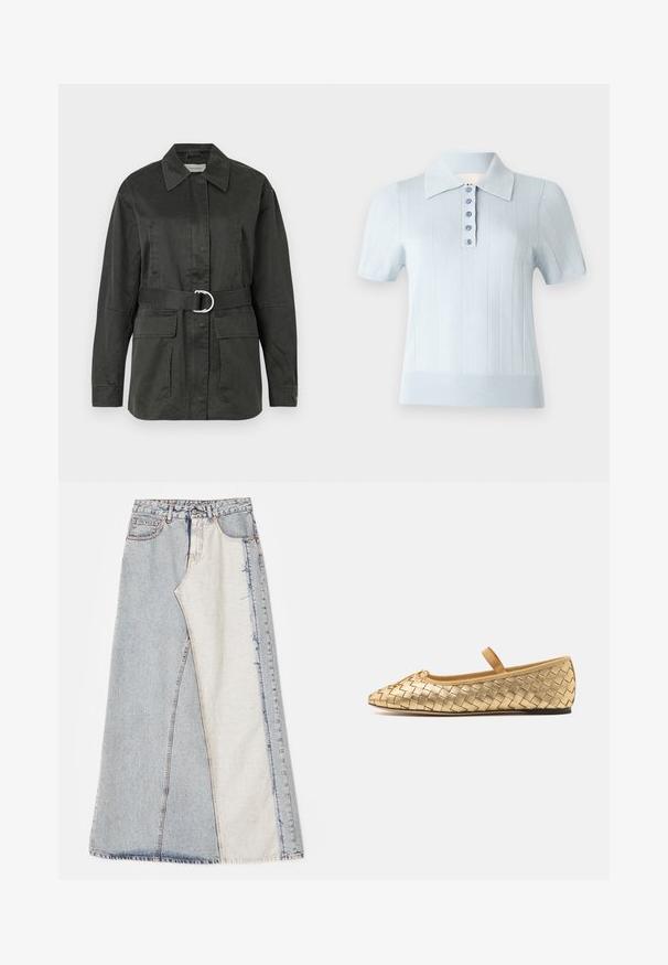 Dark green utility jacket made of cotton blend, featuring a pointed collar, front pockets, belt with a silver circular buckle, and a relaxed fit.; Light blue short-sleeve polo shirt with a ribbed texture, flat collar, and a front placket featuring six matching buttons.; Denim skirt featuring a patchwork design with light and medium blue sections, frayed hems, and a high waist. Classic five-pocket style.; Loeffler Randall LEONIE SOFT BALLET FLAT - Ankle strap ballet pumps - gold