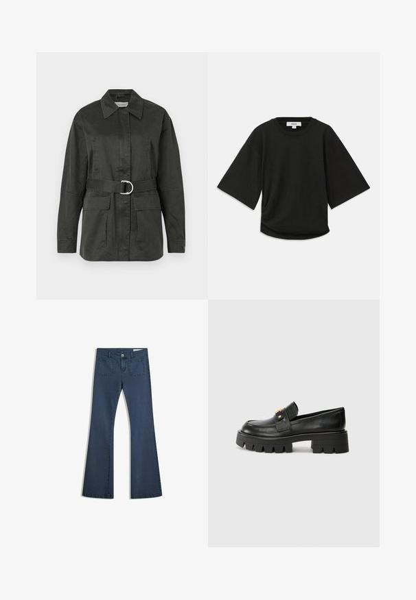 Temno zelena utilitarna jakna iz mešanice bombaža, z opozorjenim ovratnikom, sprednjimi žepi, pasom s srebrno okroglo sponko in sproščenim krojem.; Črna majica s kratkimi rokavi iz mehke bombažne tkanine, ki ima okroglo izrez in sproščen kroj z diskretnim gubanim detajlom na strani.; Temno modri široki kavbojke iz denima s prišitimi žepi, gumbom za zapiranje in gladko teksturo. Imajo klasičen dizajn s petimi žepi.; Črne usnjene loaferje z debelim podplatom, ki imajo zlatoten naglas na sprednji strani in gladko površino. Debela oblika profila na podplatu.