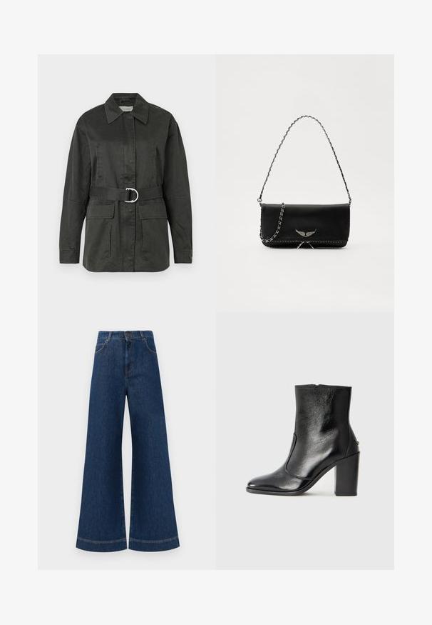 Tamsiai žalia naudingumo striukė, pagaminta iš medvilnės mišinio, su smailiu apykakle, priekine kišene, diržu su sidabriniu apvaliu sagtimi ir laisvą prigludimą.; Juodas trumpas rankovėmis marškinėlis, pagamintas iš minkštos medvilnės, su apvaliu iškirpimu ir klasikiniu siluetu. Lygus paviršius, be raštų ar puošmenų.; Plati mėlynos džinsinės kelnės su aukštu liemeniu, turinčios mygtukų užsegimą, diržo kilpas ir subtilius siuvinėjimo akcentus ant kišenių bei apdailos.; Juodas odinis kulkšninis batas su lygiu paviršiumi, smailiu pirštu ir masyviu aukštu kulnu. Savybė - šoninis atidarymas ir minimalistiškas dizainas.; Juodas odinis delninukas su sidabro spalvos grandinele, papuoštas dekoratyviniais sparnų akcentais ir balta siūle apačioje.