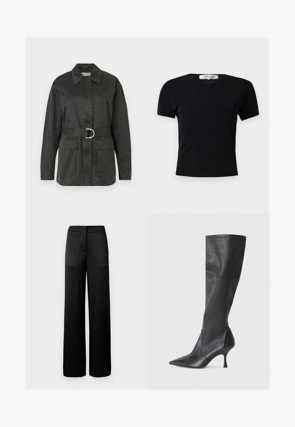 Dark green utility jacket made of cotton blend, featuring a pointed collar, front pockets, belt with a silver circular buckle, and a relaxed fit.; Black short-sleeve t-shirt with a V-neck design, made of a smooth, stretchy fabric. Features a simple, classic silhouette without embellishments.; Wide-leg black trousers with a textured surface, featuring a flat waistband and two side pockets. The fabric appears lightweight and flowing.; Knee-high black leather boots with a pointed toe and a slim stiletto heel. Smooth texture with a fitted design and stitching at the top edge.
