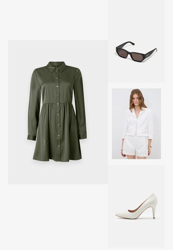 Bílý přizpůsobený blejzr s fitted designem, zlaté akcenty na kapsách a tříčtvrtečními rukávy. V kombinaci s odpovídajícími šortkami s vysokým pasem.; Kostýmové šaty s dlouhým rukávem v olivově zelené barvě, s vypasovaným pasem a límečkem, mírně rozšířenou sukní a manžetovými rukávy.; Bílé lakované kožené lodičky na vysokém podpatku s špičatou špičkou a hladkým povrchem, vybavené štíhlým podpatkem a nízkým střihem kolem otvoru.; Černé obdélníkové sluneční brýle s tmavými skly. Vybaveny hladkým plastovým rámečkem a detailem loga na spánku. Čistý, moderní design.; Kabelka na zápěstí Michael Kors v béžové potažené plátno s opakujícím se vzorem loga MK, zlatými kovovými doplňky a odnímatelným řetízkovým popruhem.