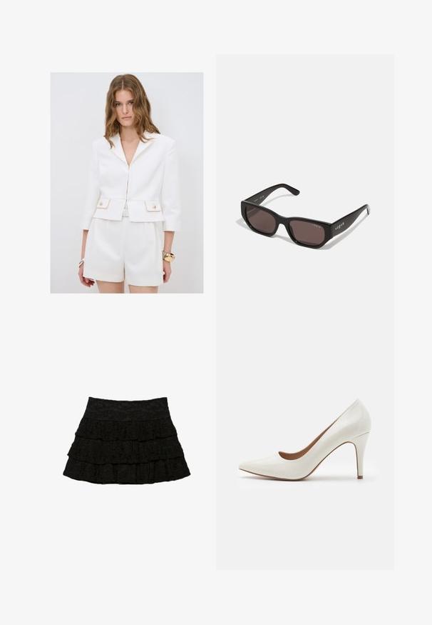 Biała, dopasowana marynarka z eleganckim krojem, złote akcenty na kieszeniach oraz rękawy 3/4. Połączona z pasującymi szortami o wysokim stanie.; Czarna bluzka na ramiączkach z długimi, marszczonymi rękawami i dopasowanym trupem, wykonana z lekkiego materiału o gładkiej fakturze.; Czarna spódnica warstwowa z trzema falbanami i teksturowanym wzorem kwiatowym. Elastyczny pas dla komfortu i dopasowania.; Białe lakierowane buty na wysokim obcasie z wysmuklonym noskiem i gładką powierzchnią, z cienkim obcasem i niskim krojem wokół otwarcia.; Czarne prostokątne okulary przeciwsłoneczne z ciemnymi soczewkami. Posiadają gładki plastikowy szkielet i detal z logo na zauszniku. Czysty, nowoczesny design.; Portfel na nadgarstek marki Michael Kors w beżowej, pokrytej płótnem, z powtarzającym się wzorem logo MK, złotym okuciem i odpinanym łańcuszkowym paskiem.