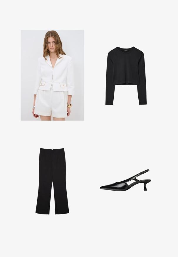 Blazer bianco su misura con design aderente, dettagli dorati sulle tasche e maniche a tre quarti. Abbinato a pantaloni corti a vita alta coordinati.; Top cropped nero a maniche lunghe con scollatura tonda, design semplice e orlo leggermente curvo.; Pantaloni neri a gamba dritta, con tasche frontali e spacchi laterali all'orlo. Realizzati in tessuto morbido e liscio. Adatti a diverse occasioni.; Tacchi slingback in pelle verniciata nera con punta affusolata, design con tagli laterali e tacco quadrato piccolo. Texture liscia con dettagli minimi.