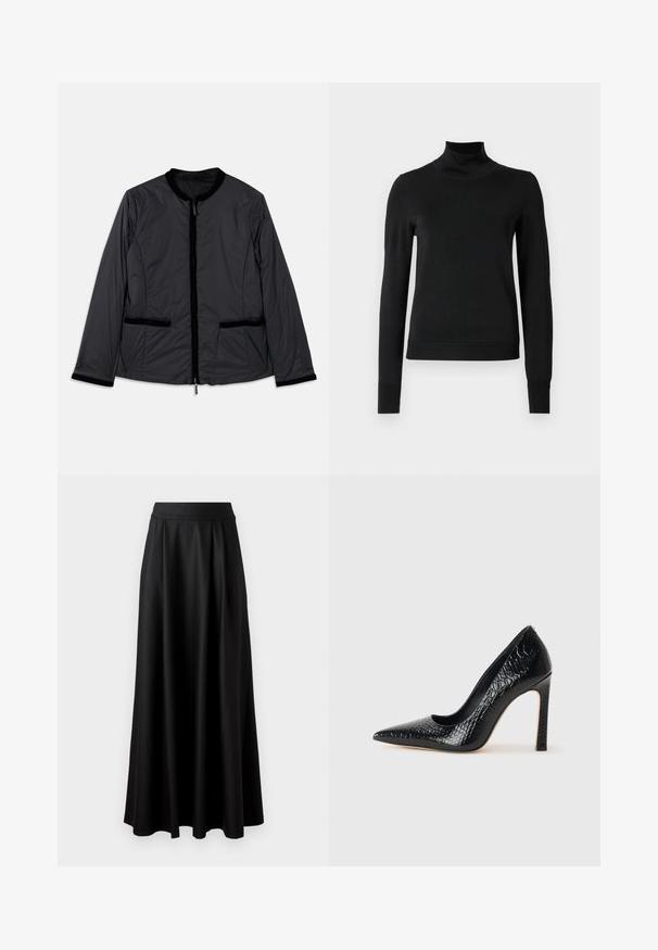 Casaco leve e preto com colarinho redondo, fecho de correr à frente e dois bolsos laterais. Apresenta detalhes em veludo ao longo do colarinho e dos bolsos.; Sweater preto de manga longa com gola alta, com punhos e bainha canelados, exposto em um fundo branco liso.; Saia preta, até ao chão, com uma textura suave, faixa larga na cintura e design plissado, apresentando nenhum padrão ou adornos visíveis.; Sapato de salto alto de bico fino preto com textura de pele de crocodilo, apresentando um design elegante, salto agulha alto e interior preto suave.