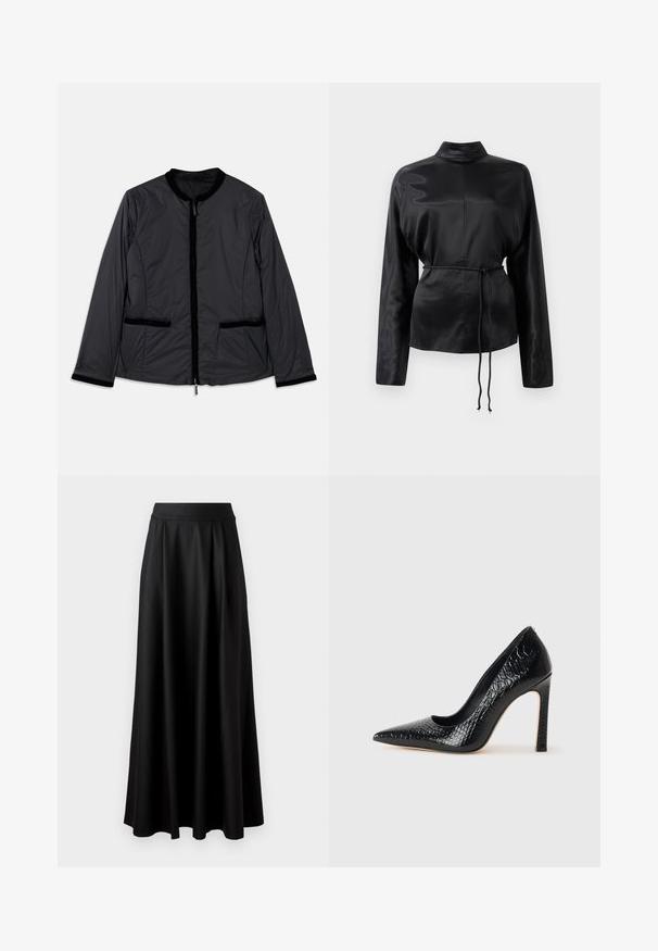 Juodas, lengvas švarkas su apvaliu apykakle, užtrauktuku per visą priekį ir dviem šoninėmis kišenėmis. Apykaklės ir kišenių kraštai pagaminti iš veliūro.; Juodas satino ilgomis rankovėmis marškiniai su aukštu apykakle, susiaurinta juosmens dalimi ir reguliuojamo raiščio detalėmis. Lygus paviršius su blizgiu apdaila.; Juoda, iki žemės tiesi sijonas su lygiu paviršiumi, plačiu juosmeniu ir pūtimo dizainu, be matomų raštų ar puošmenų.; Juoda smailiakulnė aukšto kulno bateliai su krokodilo odos tekstūra, pasižymintys elegantišku dizainu, aukštu stiletu kulnu ir lygia juoda vidine dalimi.