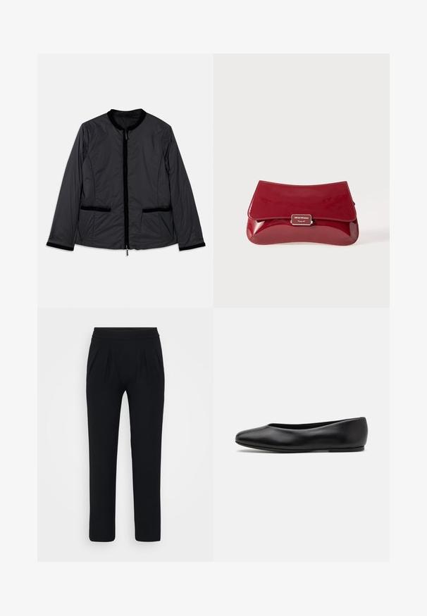 Black, lightweight jacket with a round collar, zippered front, and two side pockets. Features velvet accents along collar and pockets.; Blue satin short-sleeve blouse with a square neckline and back zipper. Smooth texture and slightly loose fit.; Black, wide-leg trousers made of smooth fabric. Features an elastic waistband and two front pleats. No visible patterns or hardware.; Paul Smith TOPANGA - Ballet pumps - black; Red patent leather clutch bag with a curved design, fold-over flap, and a metal logo accent on a silver plaque. Smooth, shiny texture.