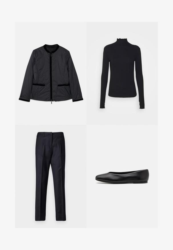 Casaco leve e preto com colarinho redondo, fecho de correr à frente e dois bolsos laterais. Apresenta detalhes em veludo ao longo do colarinho e dos bolsos.; Top preto de manga longa com gola alta, feito de um tecido suave, apresentando uma gola fruncida e uma silhueta ajustada com bordas simples.; Calças de fato em azul-marinho com uma textura suave, apresentando um frente lisa, duplas pregas e passantes para cinto. Corte reto, com bainha acabada.; Paul Smith TOPANGA - Sabrinas - black
