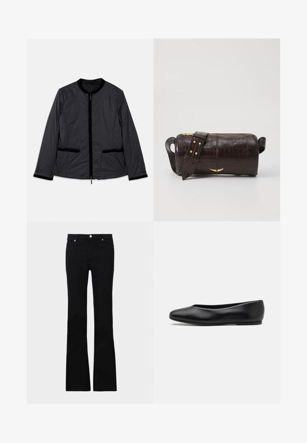 Casaco leve e preto com colarinho redondo, fecho de correr à frente e dois bolsos laterais. Apresenta detalhes em veludo ao longo do colarinho e dos bolsos.; Camisola de mangas longas, bege claro, com decote redondo. Feita de um tecido macio, apresenta uma costura central e uma bainha ligeiramente curva. Sem ferragens visíveis.; Calças pretas de ganga em corte flare, com dois bolsos frontais, fecho com botão e uma textura suave. Costura característica visível nas costuras.; Paul Smith TOPANGA - Sabrinas - black; Bolsa de couro com textura de crocodilo na cor marrom, com forma cilíndrica, metalizações em tom dourado e uma alça destacável com tachas.