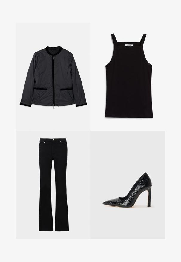 Svart, lätt jacka med rund krage, dragkedja framtill och två sidofickor. Har sammetsdetaljer längs kragen och fickorna.; Svart linne med tunna spaghetti-remmar, tillverkat av ett ribbat tyg, med rak skärning och en etikett vid halsringningen som säger "IVY OAK."; Svarta utsvängda jeans i denim, med två framfickor, knäppning och en slät textur. Signaturstickning synlig vid sömmarna.; Svart spetsig högklackad sko med krokodilskinnsstruktur, som har en elegant design, hög stilettklack och en slät svart innersula.