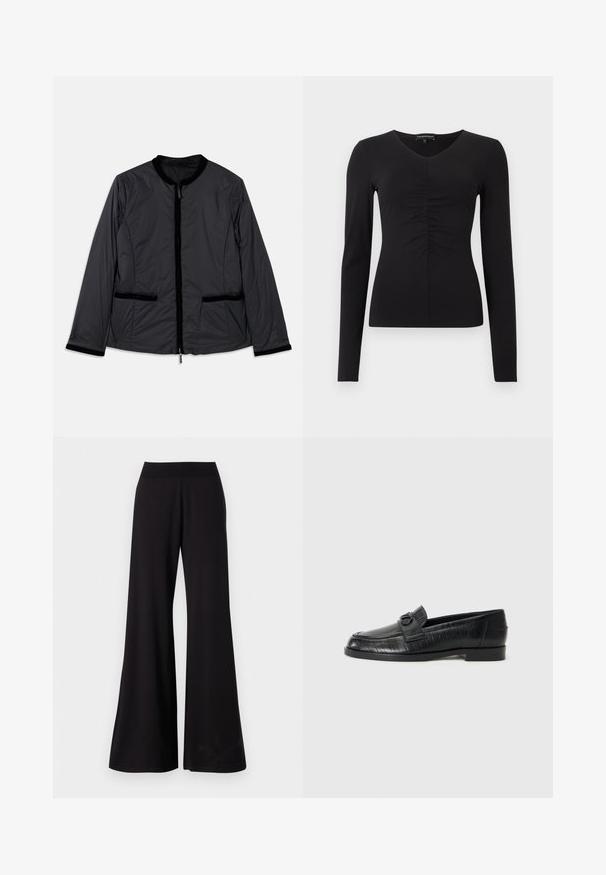 Fekete, könnyű dzseki kerek gallérral, cipzáros elülső résszel és két oldalsó zsebbel. Különleges bársonyos részletek a galléron és a zsebeknél.; Fekete, hosszú ujjú felső V-nyakkivágással és az elején gyűrt részlettel, sima anyagból készült. Testhez simuló sziluett és minimalista dizájn.; Fekete, bő szárú nadrág sima anyagból, magas, rugalmas derékkal. A nadrág teljes hosszúságú, és egyszerű, minta nélküli dizájnnal rendelkezik.; Fekete bőr loafer cipők sima felsőrésszel, dombornyomott vonalmintával és dekoratív csat részlettel a cipő orrán. Alacsony, tömb alakú sarok.
