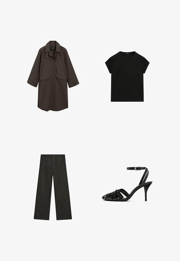 Hnědý dlouhý kabát s límcem, předními knoflíky a dvěma našitými kapsami. Vyznačuje se širokými rukávy a hladkým, texturovaným materiálem.; Černé tričko s krátkým rukávem a kulatým výstřihem s rovnými lemy, vystavené na bílé ploše.; Široké černé džíny s středním pasem, dvěma předními kapsami a čistým, minimalistickým designem bez viditelných ozdob.; Černé kožené sandály na vysokém podpatku s řemínkem kolem kotníku, s pletenými pásky přes prsty, hladkým povrchem a špičatým tvarem špice.