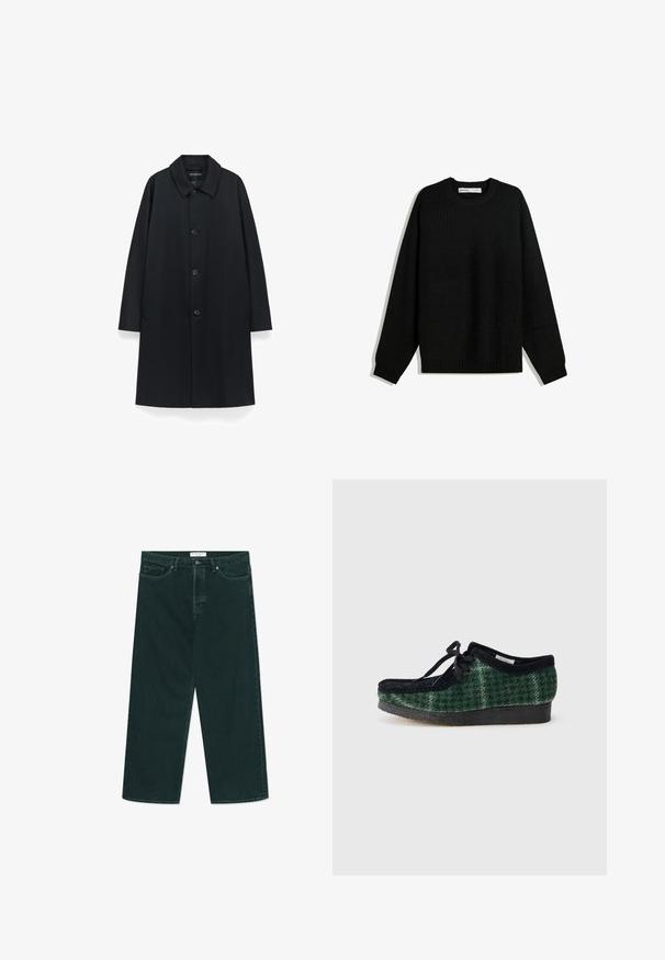Svart kappa med krage, fem knappar framtill, sidofickor och rak silhuett, tillverkad av glatt tyg med matt yta.; Svart stickad tröja med rund halsringning, sänkt axel och ribbad mudd och nederkant. Har en texturerad tyg för värme.; Mörkgröna vida denimjeans med knapp- och dragkedjestängning, framfickor och bälteshällor, liggande platt på en vit bakgrund.; Gröna och svarta mönstrade skor med översida av mocka, med en rund tå, snörning och en texturerad gummisula.