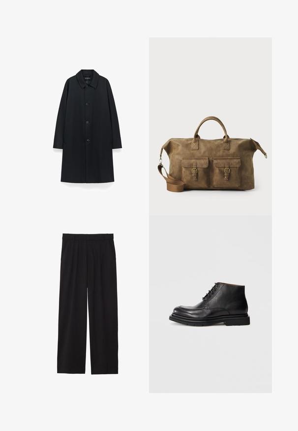 Cappotto nero con colletto, cinque bottoni sul davanti, tasche laterali e silhouette dritta, realizzato in tessuto morbido con finitura opaca.; Maglione grigio a maglia con scollatura rotonda, polsini e orlo a costine, caratterizzato da una vestibilità rilassata e una texture morbida.; Pantaloni neri a gamba larga con frontale plissettato, tasche laterali e una texture di tessuto liscia. Progettati per un fit comodo.; Stivale alla caviglia in pelle nera con chiusura con lacci, punta rotonda e suola spessa in gomma su uno sfondo bianco puro.; Borsa da viaggio in pelle marrone con due tasche frontali, tracolla regolabile, hardware dorato e manici superiori robusti. Texture liscia.