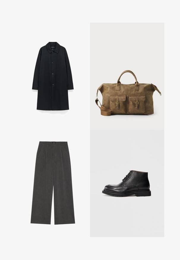 Cappotto nero con colletto, cinque bottoni sul davanti, tasche laterali e silhouette dritta, realizzato in tessuto morbido con finitura opaca.; Maglione grigio a maglia con scollatura rotonda, polsini e orlo a costine, caratterizzato da una vestibilità rilassata e una texture morbida.; Pantaloni a gamba larga in tessuto grigio scuro, con fronte plissettato, due tasche laterali e vita piatta. Texture liscia e design sartoriale.; Stivale alla caviglia in pelle nera con chiusura con lacci, punta rotonda e suola spessa in gomma su uno sfondo bianco puro.; Borsa da viaggio in pelle marrone con due tasche frontali, tracolla regolabile, hardware dorato e manici superiori robusti. Texture liscia.