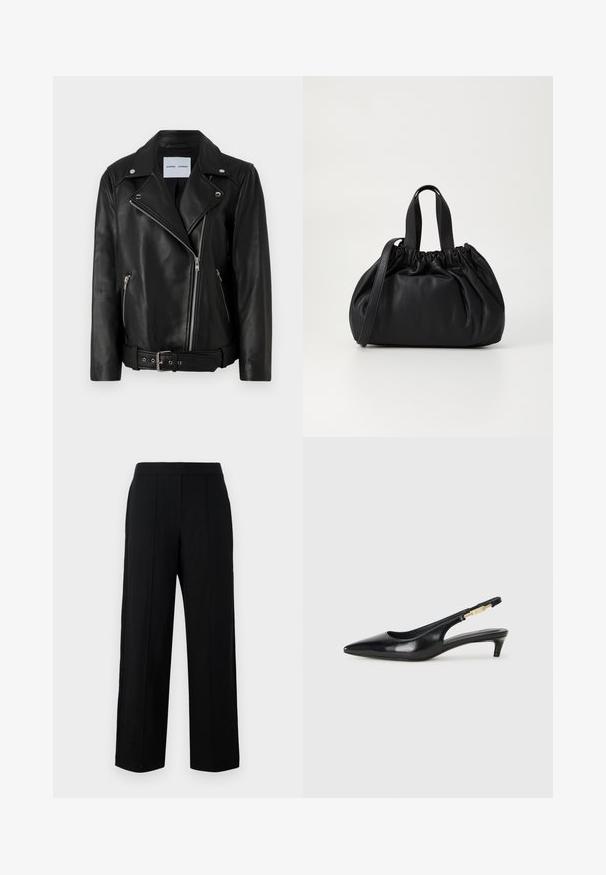 Zwart leren motorjack met zilverkleurige ritsen, ceintuur in de taille en piekende revers. Beschikt over twee ritszakken en een soepele textuur.; Langsleeve shirt in witte katoen met zwarte horizontale strepen. Heeft een ronde hals en een relaxte pasvorm. Geen opvallende accenten of patronen.; Zwarte wijde broek van gladde stof, met een platte voorkant, twee verticale naden en een eenvoudig ontwerpen tailleband.; Zwarte leren slingback hakken met een spitse neus, voorzien van een slanke hak en een goudkleurige accent op de verstelbare band. Gladde textuur.; Zwarte leren handtas met een geplooid ontwerp aan de bovenkant, voorzien van twee korte handvatten en een lange verstelbare schouderband. Gladde textuur, ronde vorm.