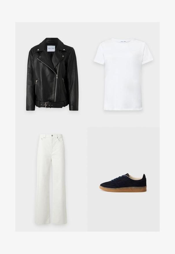 Čierna kožená motorkárska bunda so striebornými zipsami, opaskom v páse a špicatými klopami. Obsahuje dve vrecká na zips a hladkú textúru.; Biela tričko s krátkymi rukávmi vyrobené z bavlny s okrúhlym výstrihom. Hladká textura a rovný strih, bez vzorov alebo akcentov.; Samsøe Samsøe SHELLY - Džínsy voľného strihu - clear cream; Tmavozelená semišová teniska s podrážkou z gumy, modrými šnúrkami a minimalistickým dizajnom. Na boku je vyrazené logo a vnútorná výstelka je hladká.