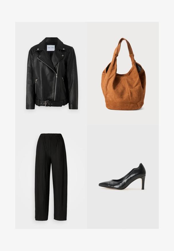 Black leather biker jacket with silver-tone zippers, belted waist, and peaked lapels. Features two zippered pockets and a smooth texture.; Black short-sleeve t-shirt made of soft cotton, featuring a round neckline, relaxed fit, and a smooth texture. No visible patterns or graphics.; Black pleated wide-leg pants with an elastic waistband. The fabric features vertical pleats and a smooth texture.; Black high-heeled pump with a pointed toe, made from textured material featuring a subtle reptile skin pattern. Solid heel for support.; Brown suede shoulder bag with a soft texture, curved shape, and two handles. Features a minimal design with no visible hardware or accents.