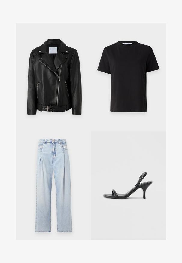 Juodas odinis motociklininko švarkas su sidabro spalvos užtrauktukais, diržu ties juosmeniu ir smailiais atlapais. Yra dvi užtrauktuku užsegamos kišenės ir glotni tekstūra.; Juodas trumpas rankovės marškinėliai, pagaminti iš minkštos medvilnės, su apvaliu iškirpimu, laisvu pritaikymu ir lygiu paviršiumi. Nėra matomų raštų ar grafikos.; Šviesiai mėlyni džinsai su aukštu liemeniu, plačiomis kojomis, dviem šoninėmis kišenėmis ir raukinių dizainu. Minkšta tekstūra su nudilusia apdaila.; Juodos odinės aukštakulnės šlepetės su plonu, kreiviu kulnu ir kryžminiu dirželio dizainu. Reguliuojamas kulkšnies dirželis. Lygus paviršius.