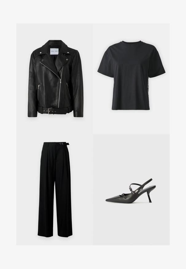 Jachetă de motociclist din piele neagră, cu fermoare din metal argintiu, talie cu curea și rever ascuțite. Dispune de două buzunare cu fermoar și o textură netedă.; Tricou din bumbac negru cu mânecă scurtă, cu o croială lejeră și un panou lateral contrastant, având text mic și detalii de design.; Pantaloni negri cu croi larg, talie înaltă, pliuri în față și un b μέρος cu cataramă. Confecționați dintr-un material neted și ușor.; Pantofi cu toc slingback din piele neagră, cu vârful ascuțit, toc subțire și detaliu decorativ cu cataramă pe partea din față. Textură netedă și design elegant.