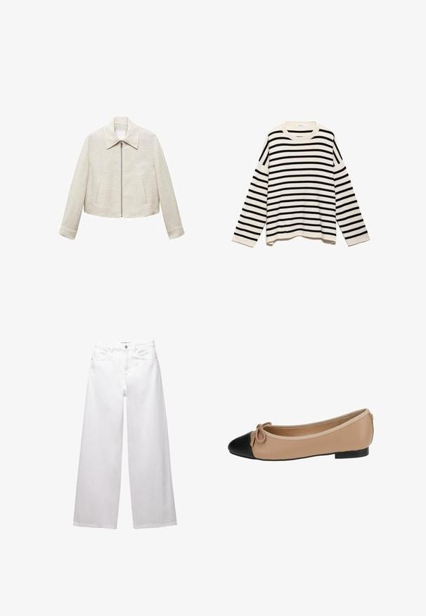 Linned cropped jakke i lys beige med spids krave, frontlynlås og to sidelommer. Enkel, glat tekstur uden mønstre.; Stripet pullovertrøje med et sort og creme mønster, lavet af tekstureret stof, med lange ærmer og en rund halsudskæring.; Hvide brede ben jeans lavet af denim. Har knaplukning, front- og baglommer samt syede sømme. Glat tekstur med minimal detaljering.; Ballet flade i beige læder med spids sort tå. Har en frontsløjfe detalje og en glat tekstur. Lav profil design med en gummisål.