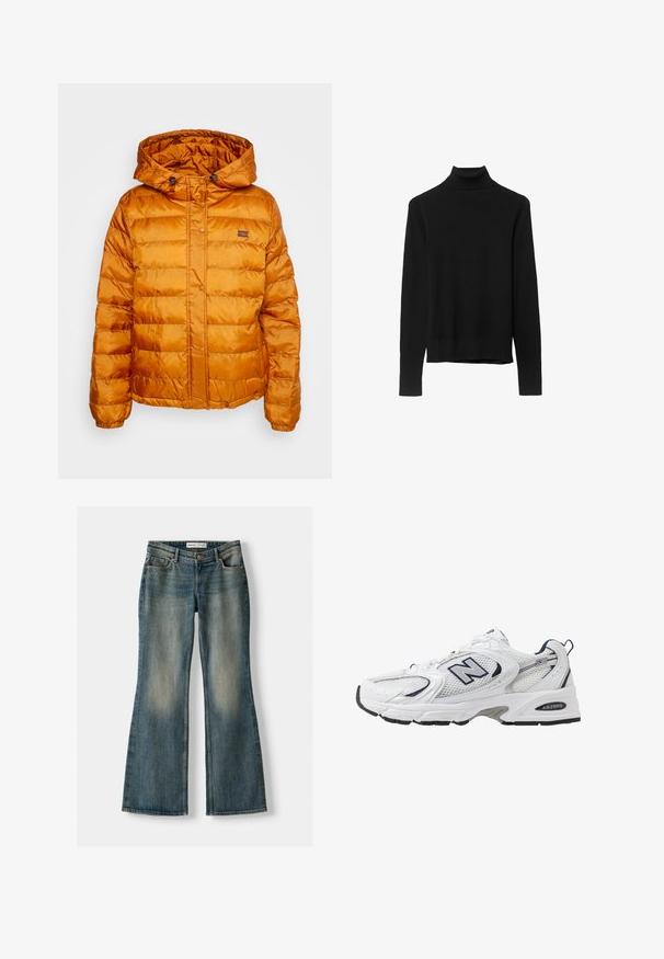 Oranžová páperová bunda s kapucňou, vyrobená z lesklého, prešívaného materiálu. Obsahuje zapínanie na cvoky a malé logo na hrudi.; Čierny rolák vyrobený z mäkkej pleteniny. Má dlhé rukávy a priliehavý strih s rovnou spodnou líniou.; Modré vyšívané džínsy s vyblednutým vzhľadom, piatimi vreckami a zapínaním na gombík. Materiál zobrazuje denimovú textúru s jemnými švovými detailmi.; Biele športové topánky s priedušným vrchným materiálom, námorníckymi akcentmi a polstrovanou podrážkou. Obsahujú logo "N", šnúrky a textúrovaný detail na boku.