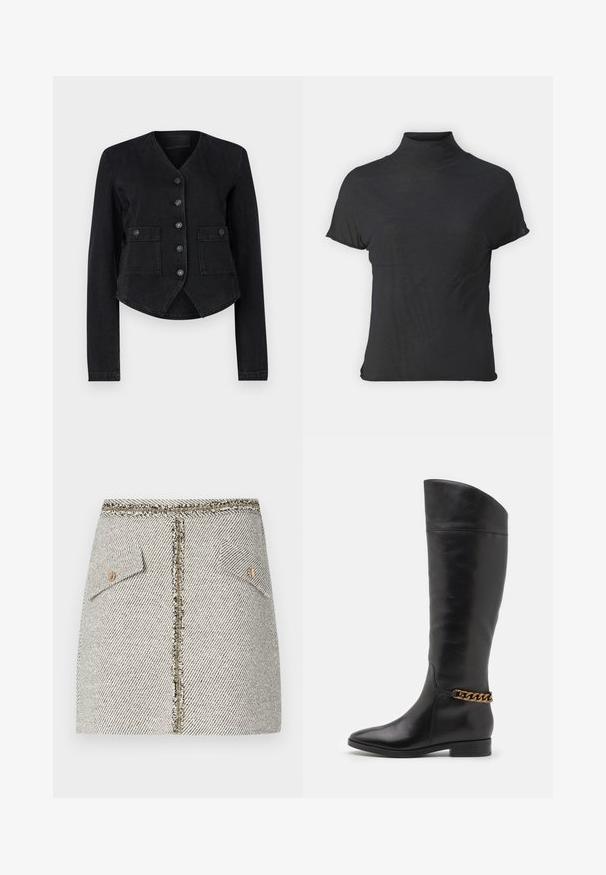 Giacca di jeans nera con scollo a V, maniche lunghe, sei bottoni frontali, due tasche sul petto e orlo corto. Tessuto testurizzato con una finitura liscia.; Top nero a maniche corte e colletto alto, realizzato in tessuto leggero con una superficie liscia e dalla forma aderente, caratterizzato da un collo alto.; Gonna in tweed intrecciato con un motivo a spina di pesce bianco e nero, dotata di due tasche frontali e una zip dorata sul retro con bordi sfrangiati.; Alti stivali in pelle nera dal design elegante, punta affusolata e dettagli in catena dorata alla caviglia. Tacco a blocco basso. Texture liscia.