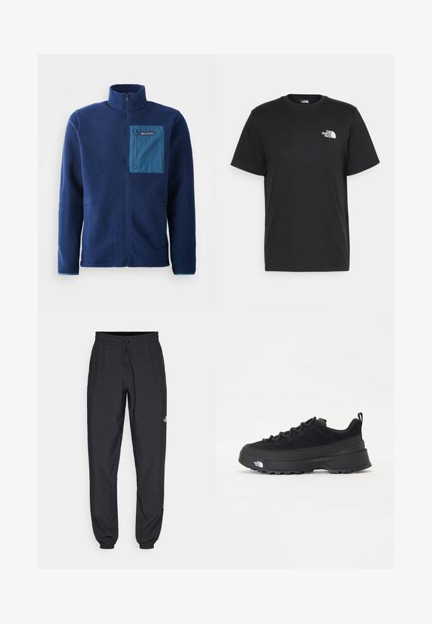 Mornarska flis jakna z visokim ovratnikom, ki ima kontrastno modro zadrgo na prsnem žepu ter dva bočna žepa. Mehka, strukturirana tkanina.; Črna bombažna majica s kratkimi rokavi, okroglim izrezom in majhnim belim logotipom na levem prsnem delu. Preprost dizajn, gladka tekstura in sproščen kroj.; Črne atletske hlače iz lahkega materiala, ki imajo elastični pas z vezalko, stranske žepe in zožene manšete na gležnjih.; Črne zunanje teniske s zgornjim delom iz usnja z nubukom, teksturiranim gumijastim podplatom in trdnim vezalnim sistemom. Imajo ojačan petni del in logotip blagovne znamke na strani.