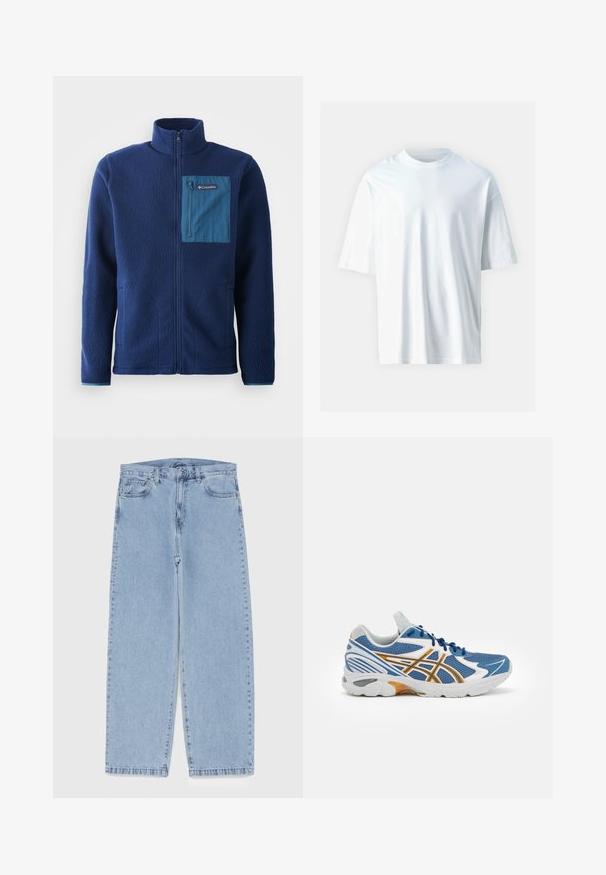 Jūrinės spalvos vilnonė striukė su aukšta apykakle, turinti kontrastingą mėlyną užtrauktukų krūtinės kišenę ir dvi šonines kišenes. Minkšta, tekstūruota medžiaga.; Balta trumpo rankovio marškinėliai, pagaminti iš minkštos medvilnės. Su apvaliu iškirpimu, laisvu siluetu ir glotnia tekstūra. Nėra matomų raštų ar akcentų.; Šviesiai mėlyni džinsai su tiesiomis kojomis, turintys vidutinio aukščio juosmenį, penkias kišenes ir mygtuko bei užtrauktuko uždarymą.; Mėlyni sportiniai batai su tinklelio viršumi, baltais ir oranžiniais akcentais, paminkštintu vidpadžiu ir tekstūruotu guminio pado apvadu. Yra raištelių uždarymas.