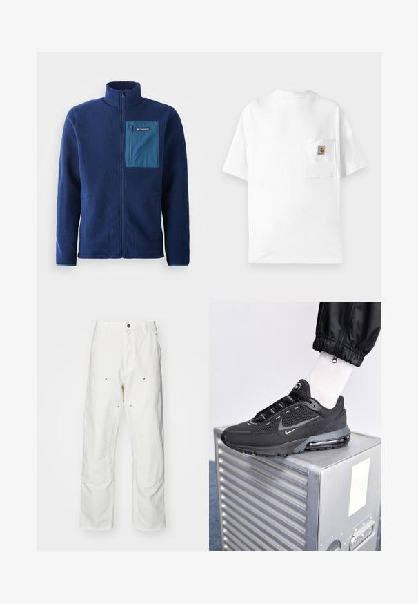 Giacca in pile blu navy con colletto alto, dotata di una tasca sul petto con zip blu a contrasto e due tasche laterali. Tessuto morbido e текстurizzato.; T-shirt bianca in cotone con collo rotondo, maniche corte e taschino sul petto con una patch del logo. Design minimalista e texture senza cuciture.; Pantaloni cargo bianchi in cotone con vestibilità rilassata. Tra le caratteristiche ci sono tasche frontali, dettagli in metallo dorato e sezioni rinforzate sulle ginocchia.; Nike Sportswear PULSE - Sneakers basse - black/anthracite