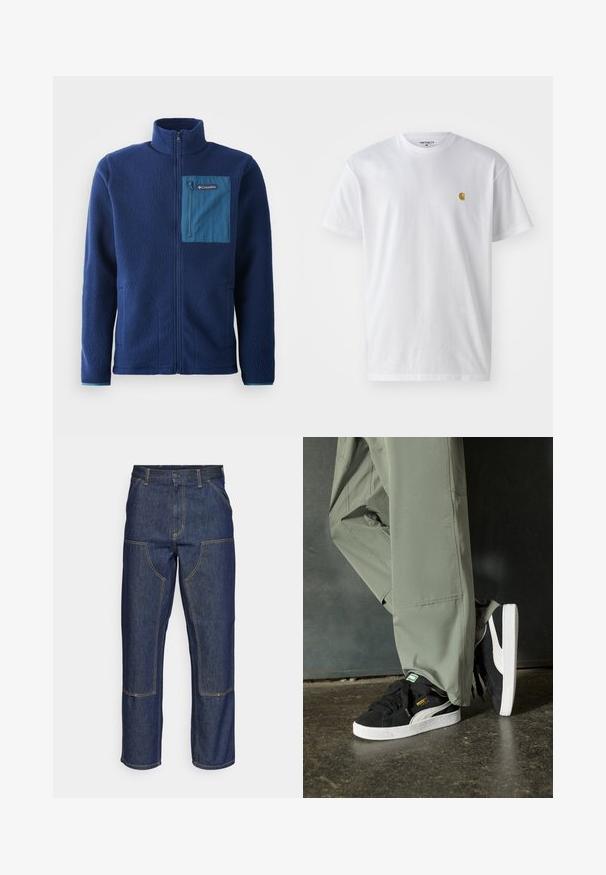 Marine fleece-jakke med høy krage, med en kontrastfarget blå glidelåslomme på brystet og to sidelommer. Myk, teksturert stoff.; Hvit bomull t-skjorte med korte ermer, rund hals, med en liten gulllogo på venstre brystområde. Myk tekstur og vanlig passform.; Mørkeblå denimjeans med høy midje, rette ben, kontrasterende sømmer og lommer på forsiden.; Sorte semskede sneakers med hvite gummisåler og sidestiper, sammen med lysegrønne cargo-bukser, står på en teksturert mørk overflate.