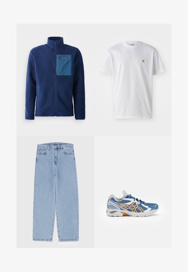 Jachetă din fleece bleumarin cu guler înalt, având un buzunar pe piept cu fermoar albastru contrastant și două buzunare laterale. Material moale, texturat.; Tricou alb din bumbac, cu mâneci scurte, gât echipat, având un mic logo auriu în zona stânga a pieptului. Textură moale și croială normală.; Jeans din denim de culoare albastru deschis, cu un design cu picioare drepte, având talie medie, cinci buzunare și un sistem de închidere cu nasture și fermoar.; Pantof sportiv albastru cu parte superioară din plasă, accente albe și portocalii, talpă intermediară cu amortizare și talpă exterioară din cauciuc texturat. Dispune de un design cu șireturi.