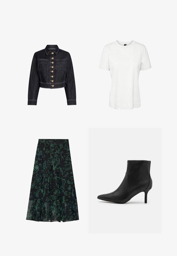 Ciemnoniebieska krótka kurtka dżinsowa o strukturalnym fasonie, zapięcie na guziki z złotymi guzikami, kieszenie na piersi i kontrastowe białe szwy.; Biała koszulka z krótkim rękawem wykonana z bawełny, z okrągłym dekoltem i luźnym krojem. Gładka tekstura, bez widocznych wzorów czy ozdób.; Czarna spódnica z zielonym kwiatowym wzorem, z falbaniastymi brzegami i plisami. Wykonana z lekkiego materiału, oferującego zwiewny kształt.; Anna Field - Ankle boot