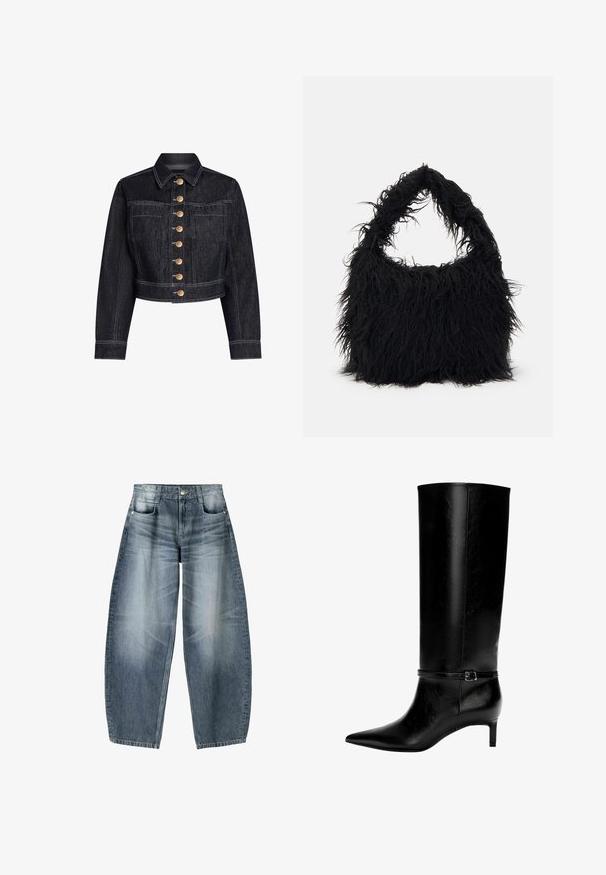 Tamna traper jakna do struka sa strukturiranim dizajnom, prednje zatvaranje na dugmad s zlatnim dugmadi, džepovi na prsima i kontrastni bijeli šavovi.; Jaded London BUCKLE AND ZIP CORSET - Top - beige; Široke traperice od svijetloplavog denima s izblijedjelim dijelovima, s dizajnom od pet džepova, zakopčavanjem na dugme i minimalnim detaljima šavova.; Crne kožne čizme do koljena s uskim vrhom i malom petom. Imaju usku traku s metalnom kopčom oko gležnja. Glatka tekstura.; Even&Odd Velika torba - black