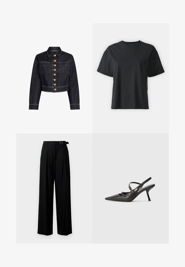 Tume denimist lühike jakk, millel on struktureeritud disain, nuppe esiosa sulgemiseks koos kuldsete nuppudega, rindkere taskud ja kontrastne valge õmblus.; Must have lühikeste varrukatega puuvillane must T-särk, millel on lõdvestunud lõige ja kontrastne külgpanel, mis sisaldab väikest teksti ja kujunduselemente.; Mustad kõrge vöökohaga mustad laiad püksid, millel on ees voldid ja vöö, millel on pandla. Valmistatud siledast ja kergest kangast.; Must musta slingback kontsad, terava nina, peenike konts ja dekoratiivne pandla detail peal. Sile tekstuur ja stiilne disain.