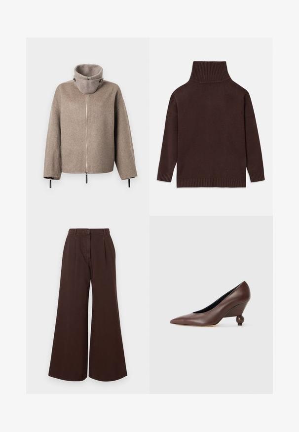 Brązowa kurtka z mieszanki wełny, charakteryzująca się wysokim, prążkowanym kołnierzem, zapięciem na zamek oraz czarnymi akcentami na rękawach, umożliwiającymi regulację dopasowania.; Brązowy sweter z golfem wykonany z dzianiny, z wysokim, prążkowanym kołnierzem, opadającymi ramionami oraz prążkowanymi mankietami i dolnym wykończeniem. Gładka tekstura i luźny krój.; Brązowe spodnie z wysokim stanem i szerokimi nogawkami, z zapięciem na guzik i zamek błyskawiczny, szlufkami na pasek oraz plisami z przodu.; Brązowe skórzane trzewiki na koturnie z ostrym noskiem i zaokrąglonym, kulistym obcasem. Gładka tekstura, prosta forma i minimalne zdobienia.